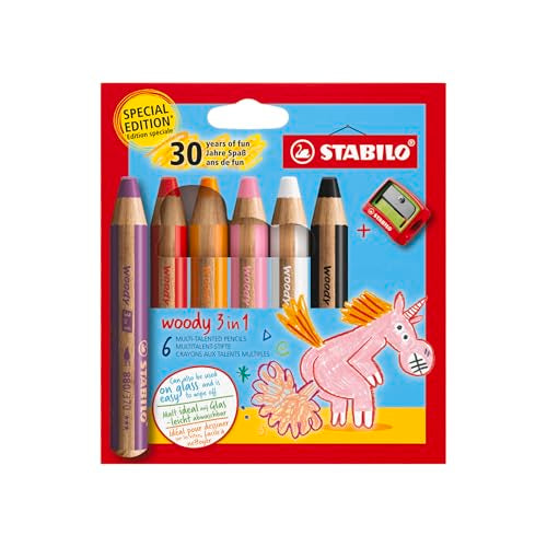 STABILO woody 3-in-1 Pencils, Birthday Edition Unicorn, Pack of 6 with Sharpener