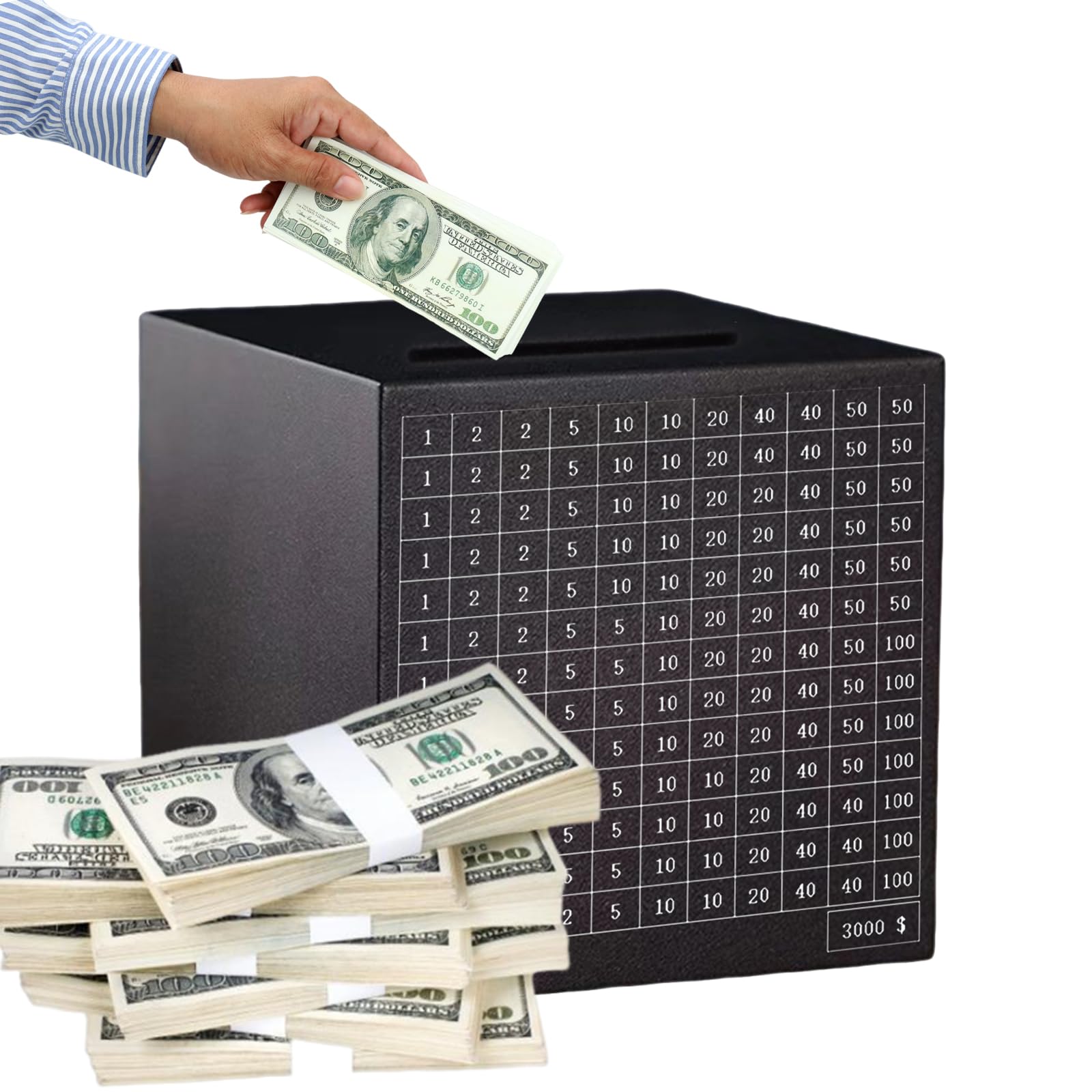Stainless Steel 3000 Dollar Savings Challenge Money Box for Adults and Kids (Black)
