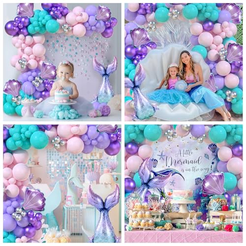 Staraise 91-Piece Mermaid Balloon Garland Arch Kit - Pastel Pink Purple Green, with Seashell and Mermaid Tail Foil Balloons