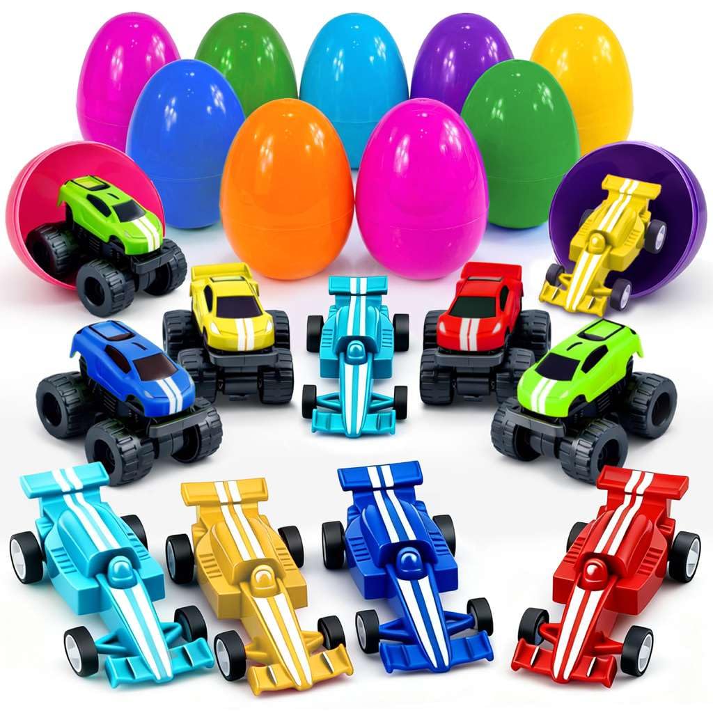 Stargo 8 Pack Prefilled Easter Eggs with Pull-Back Cars & Monster Trucks - 3.2 inch Plastic Eggs for Easter Basket Stuffers, Party Favors, Candy-Free Egg Hunt
