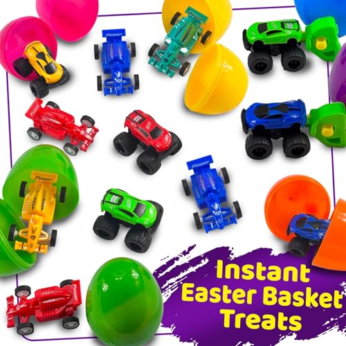 Stargo 8 Pack Prefilled Easter Eggs with Pull-Back Cars & Monster Trucks - 3.2 inch Plastic Eggs for Easter Basket Stuffers, Party Favors, Candy-Free Egg Hunt