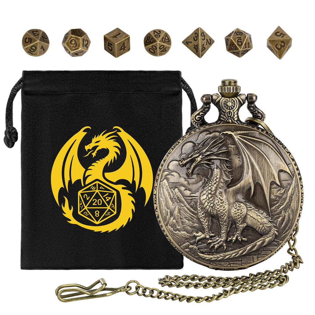 Steampunk Dragon Pocket Watch Dice Set – 7 Mini Polyhedral Metal DND Dice with Bronze Zinc Alloy Case