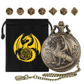 Steampunk Dragon Pocket Watch Dice Set – 7 Mini Polyhedral Metal DND Dice with Bronze Zinc Alloy Case