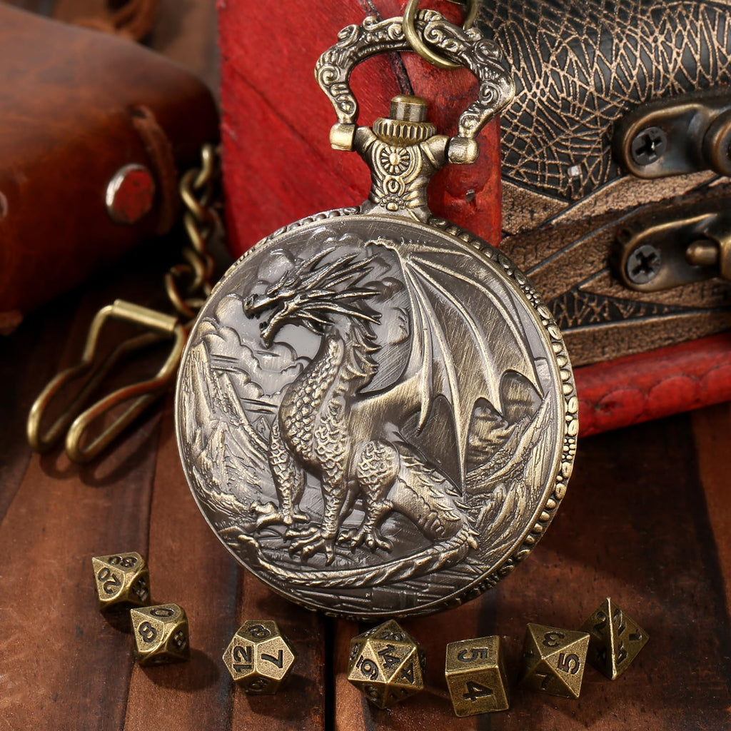 Steampunk Dragon Pocket Watch Dice Set – 7 Mini Polyhedral Metal DND Dice with Bronze Zinc Alloy Case