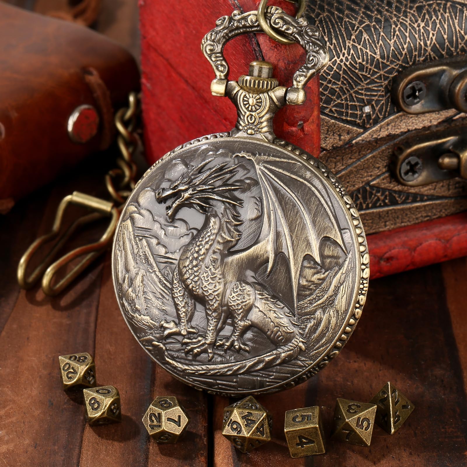 Steampunk Dragon Pocket Watch Dice Set – 7 Mini Polyhedral Metal DND Dice with Bronze Zinc Alloy Case