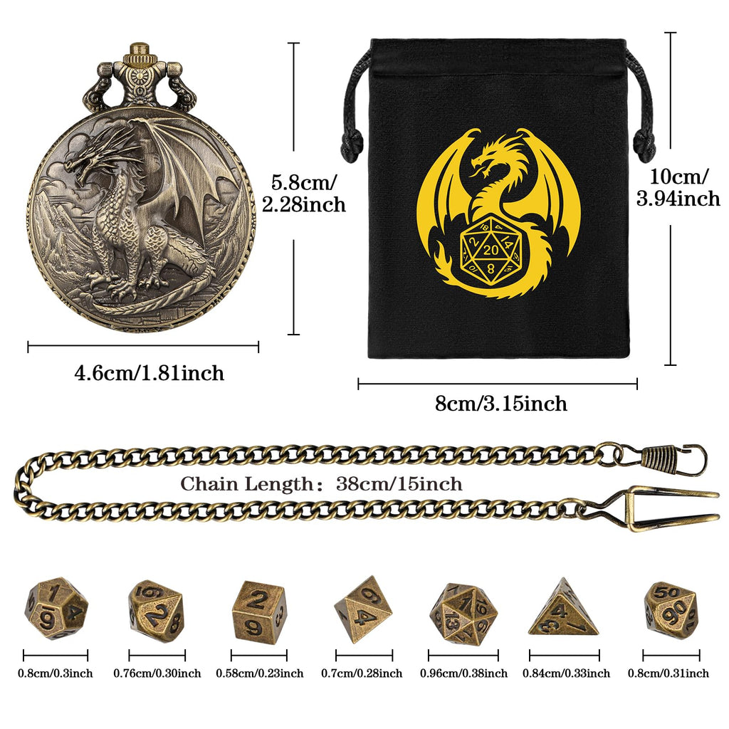 Steampunk Dragon Pocket Watch Dice Set – 7 Mini Polyhedral Metal DND Dice with Bronze Zinc Alloy Case