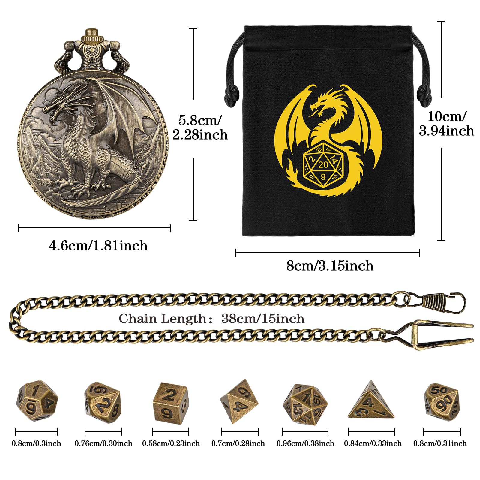 Steampunk Dragon Pocket Watch Dice Set – 7 Mini Polyhedral Metal DND Dice with Bronze Zinc Alloy Case