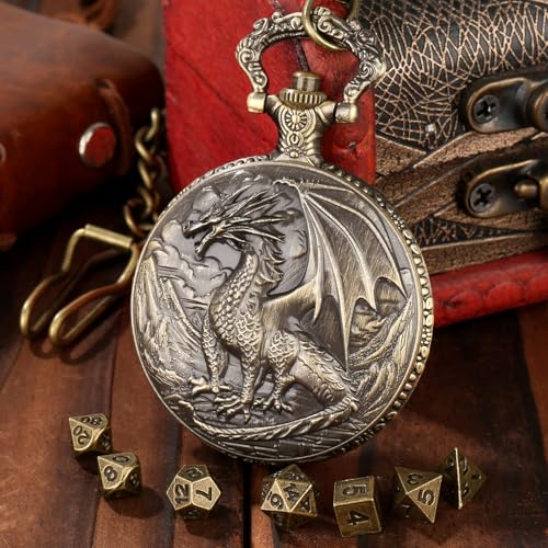 Steampunk Dragon Pocket Watch Dice Set – 7 Mini Polyhedral Metal DND Dice with Bronze Zinc Alloy Case