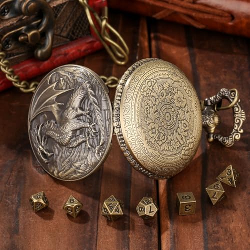 Steampunk Dragon Pocket Watch Mini DND Dice Set – 7-Piece Metal Polyhedral Dice in Bronze