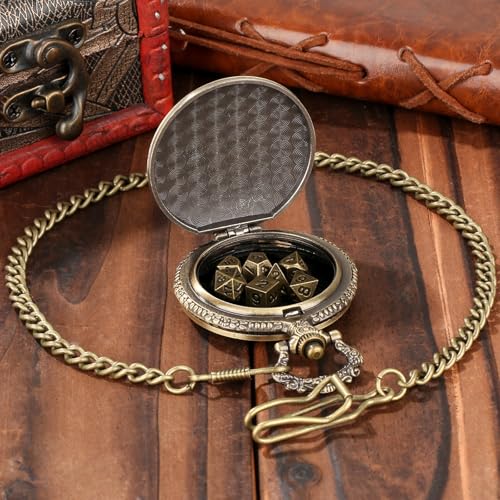 Steampunk Dragon Pocket Watch Mini DND Dice Set – 7-Piece Metal Polyhedral Dice in Bronze