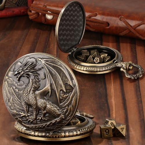 Steampunk Dragon Pocket Watch Mini DND Dice Set – 7-Piece Metal Polyhedral Dice in Bronze