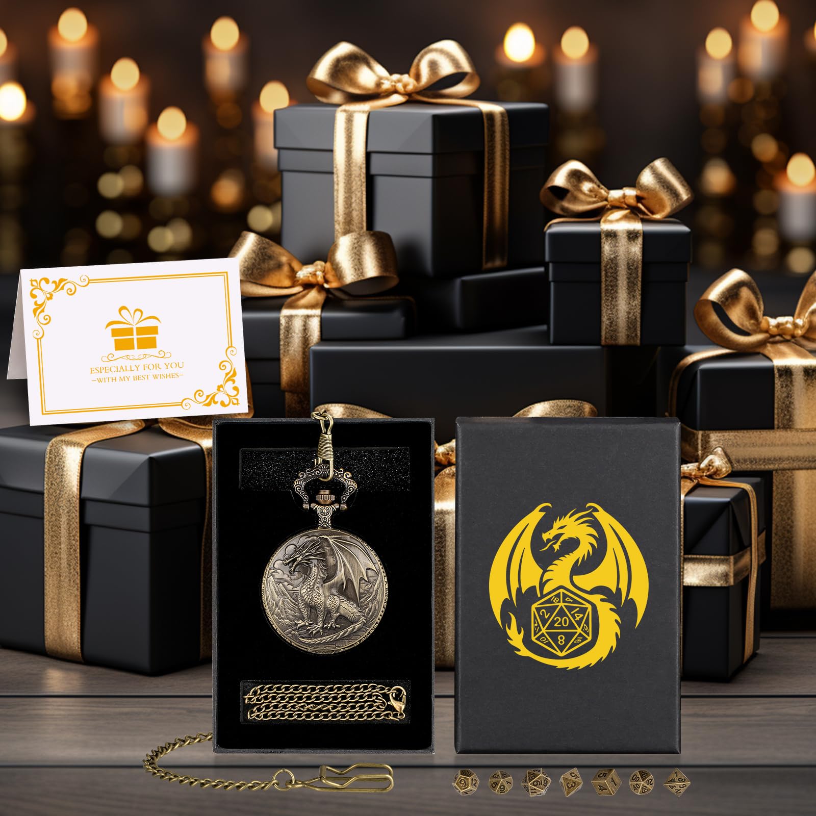 Steampunk Dragon Pocket Watch Mini DND Dice Set – 7-Piece Metal Polyhedral Dice in Bronze
