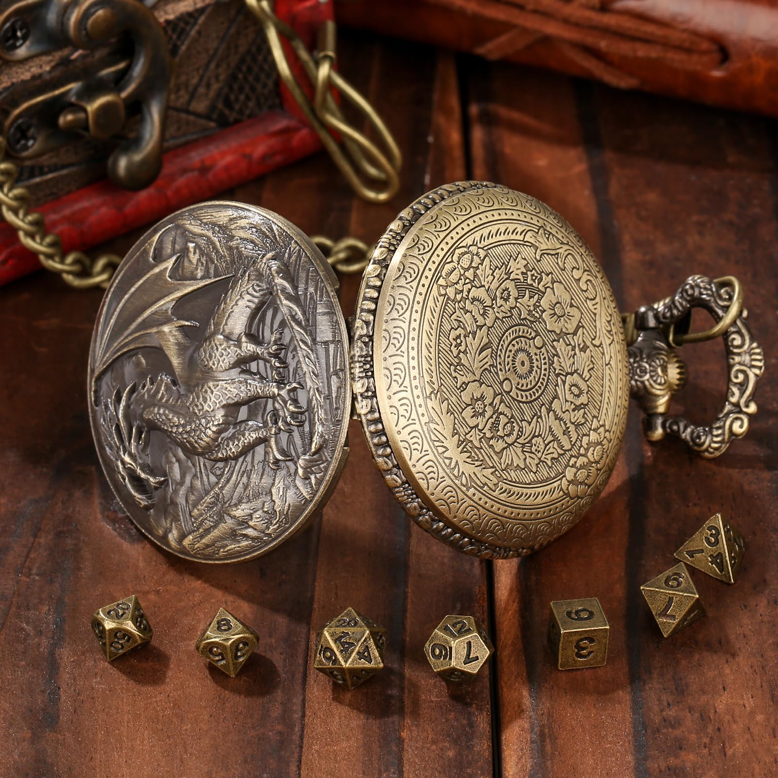Steampunk Dragon Pocket Watch Mini DND Dice Set – 7-Piece Metal Polyhedral Dice in Bronze