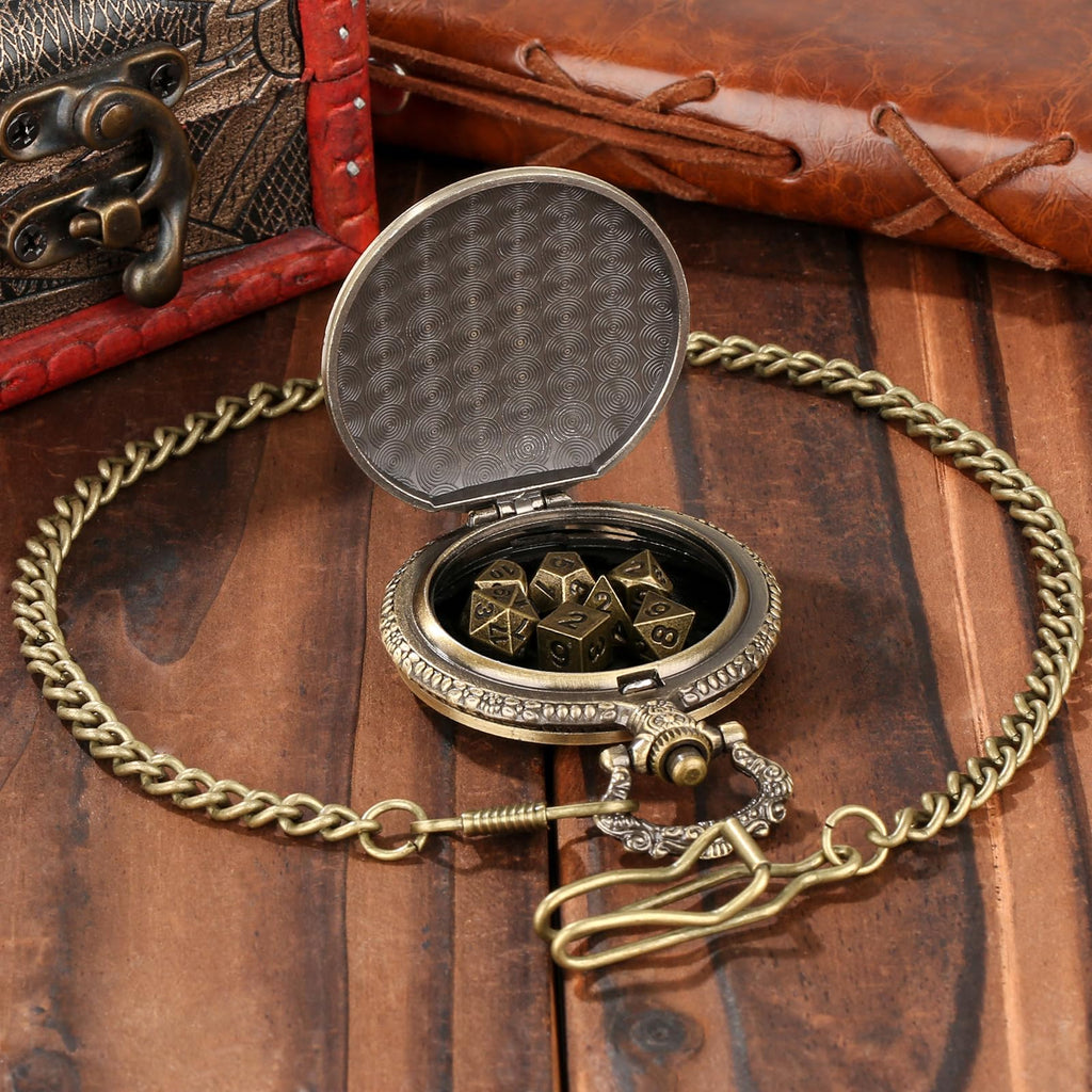 Steampunk Dragon Pocket Watch Mini DND Dice Set – 7-Piece Metal Polyhedral Dice in Bronze