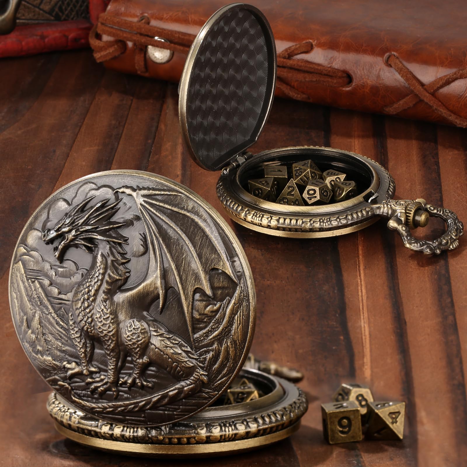 Steampunk Dragon Pocket Watch Mini DND Dice Set – 7-Piece Metal Polyhedral Dice in Bronze