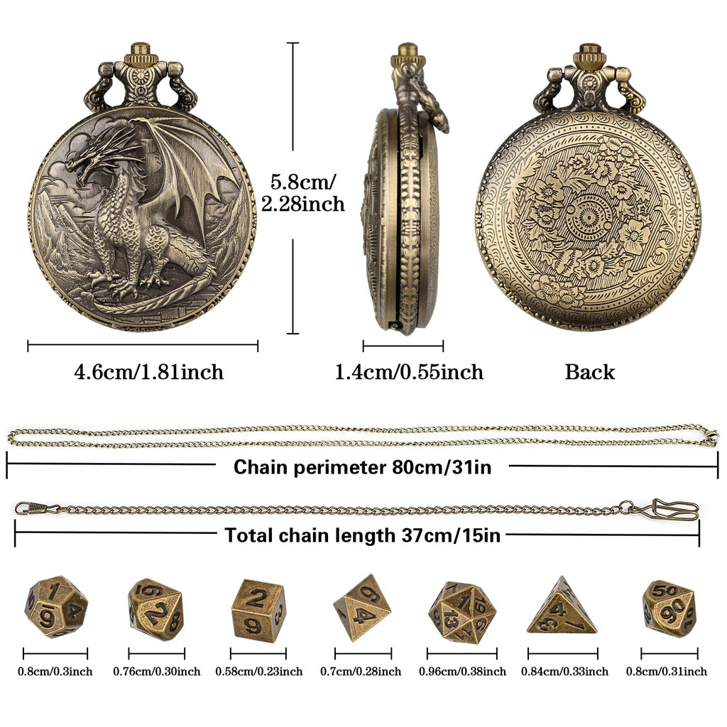 Steampunk Dragon Pocket Watch Mini DND Dice Set – 7-Piece Metal Polyhedral Dice in Bronze