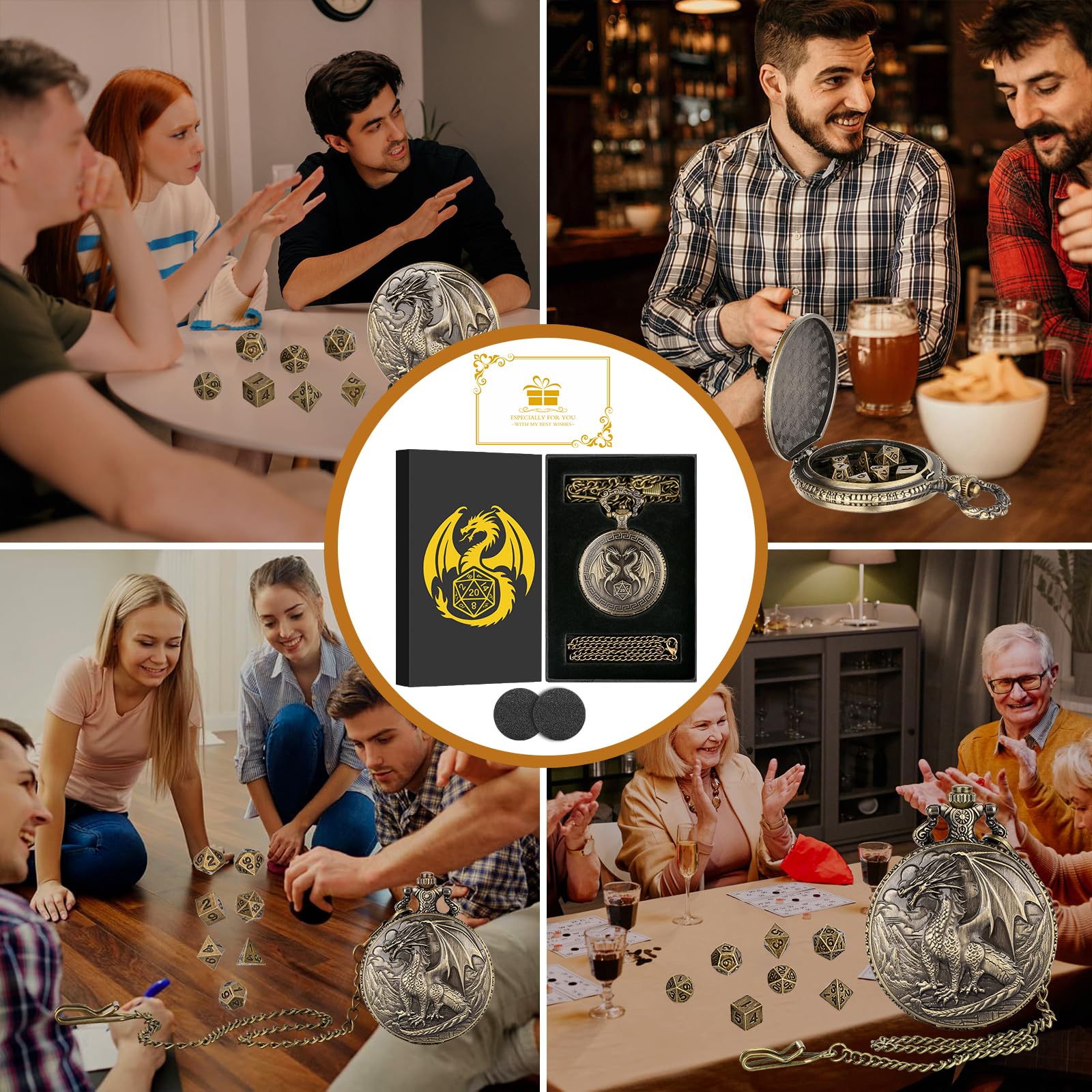 Steampunk Dragon Pocket Watch Mini DND Dice Set – 7-Piece Metal Polyhedral Dice in Bronze