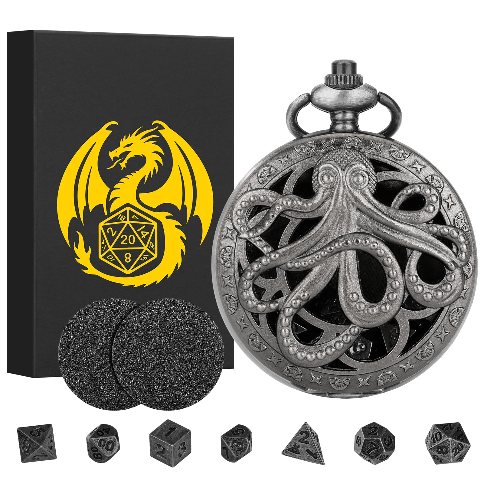 Steampunk Octopus Pocket Watch Mini DND Dice Set – 7 Polyhedral Metal Dice in Dark Silver with Gift Box