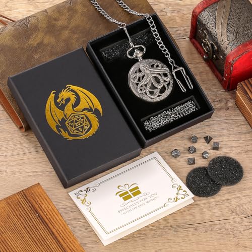Steampunk Octopus Pocket Watch Mini DND Dice Set – 7 Polyhedral Metal Dice in Dark Silver with Gift Box