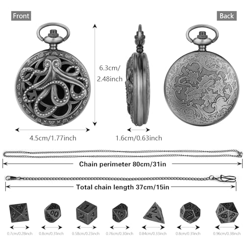 Steampunk Octopus Pocket Watch Mini DND Dice Set – 7 Polyhedral Metal Dice in Dark Silver with Gift Box