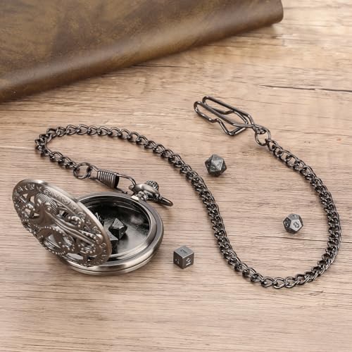 Steampunk Octopus Pocket Watch Mini DND Dice Set – 7 Polyhedral Metal Dice in Dark Silver with Gift Box