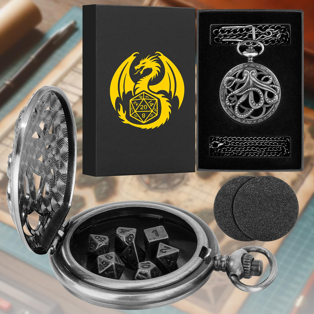 Steampunk Octopus Pocket Watch Mini DND Dice Set – 7 Polyhedral Metal Dice in Dark Silver with Gift Box