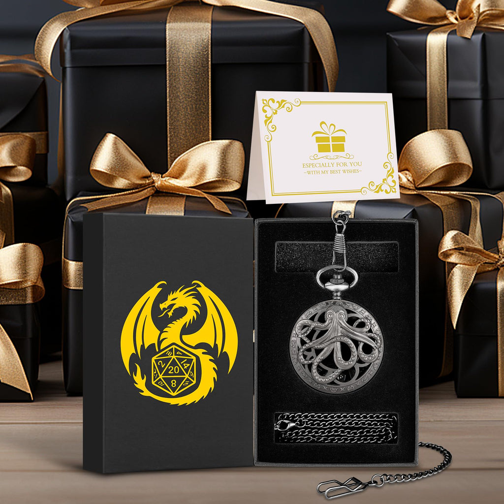 Steampunk Octopus Pocket Watch Mini DND Dice Set – 7 Polyhedral Metal Dice in Dark Silver with Gift Box