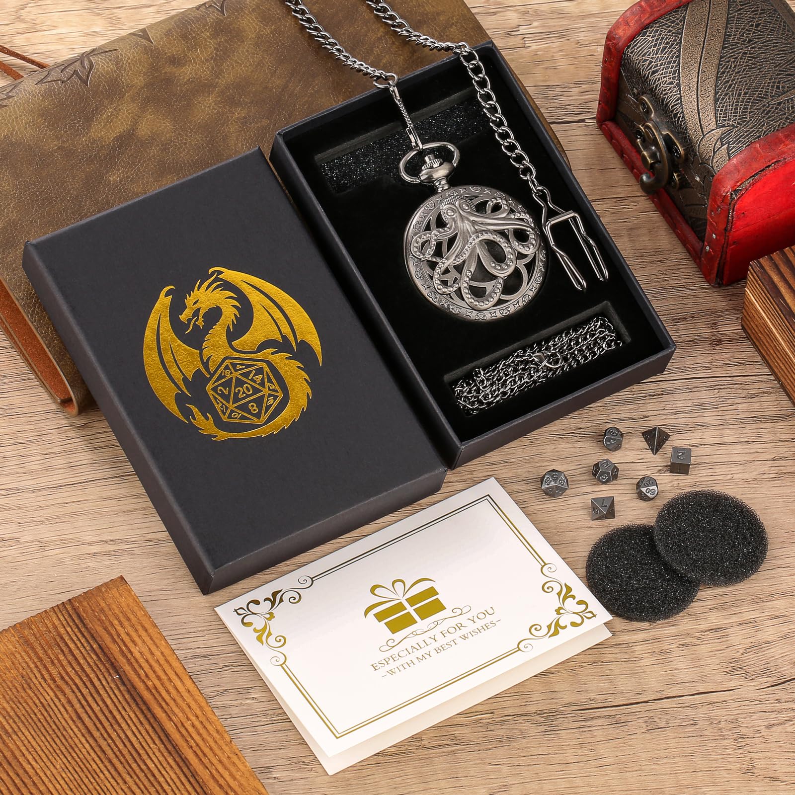 Steampunk Octopus Pocket Watch Mini DND Dice Set – 7 Polyhedral Metal Dice in Dark Silver with Gift Box