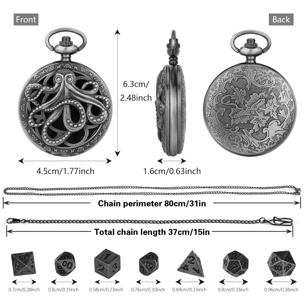 Steampunk Octopus Pocket Watch Mini DND Dice Set – 7 Polyhedral Metal Dice in Dark Silver with Gift Box