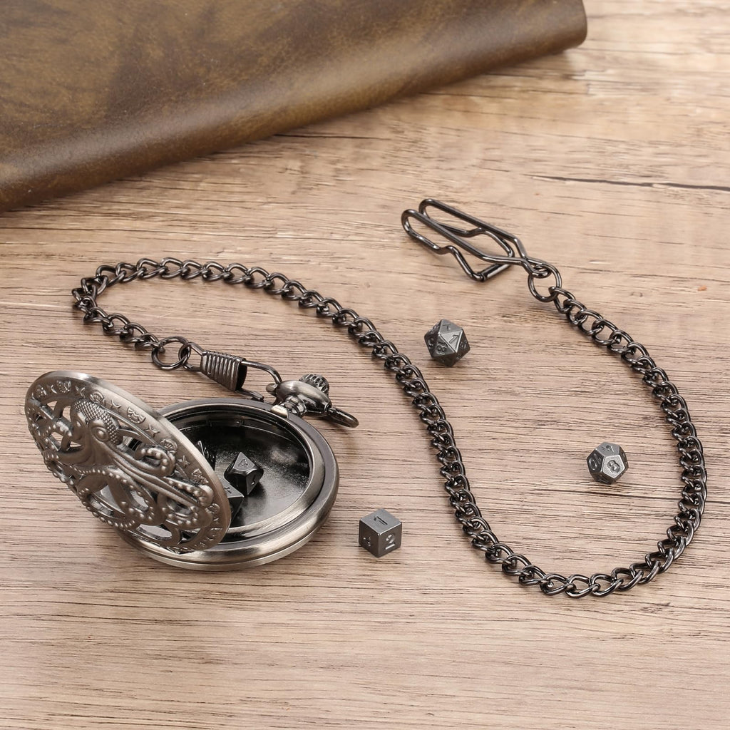 Steampunk Octopus Pocket Watch Mini DND Dice Set – 7 Polyhedral Metal Dice in Dark Silver with Gift Box