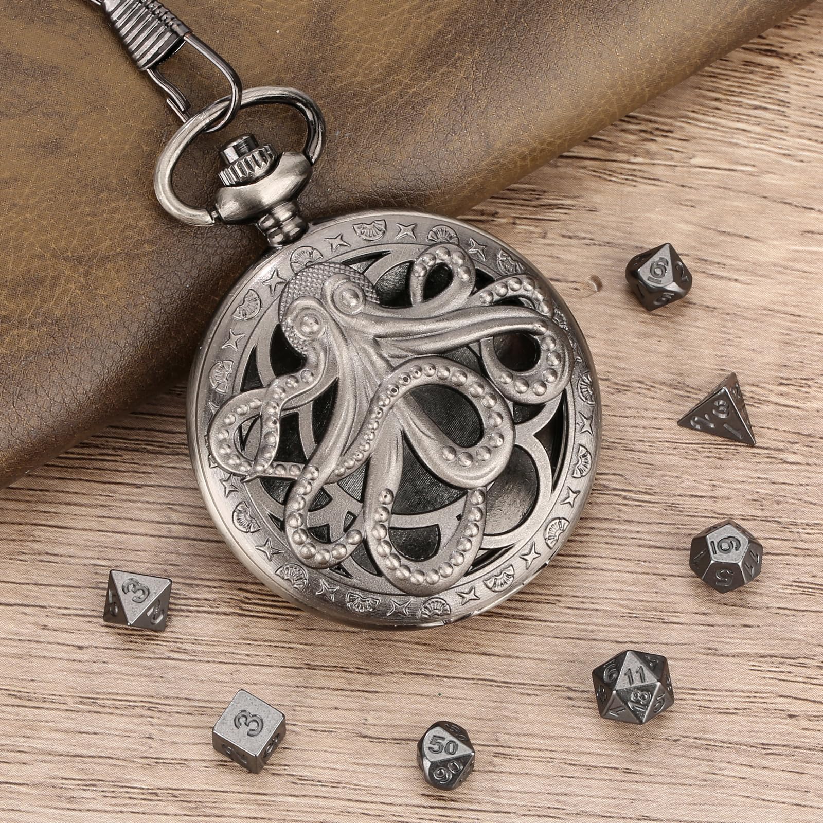 Steampunk Octopus Pocket Watch Mini DND Dice Set – 7 Polyhedral Metal Dice in Dark Silver with Gift Box