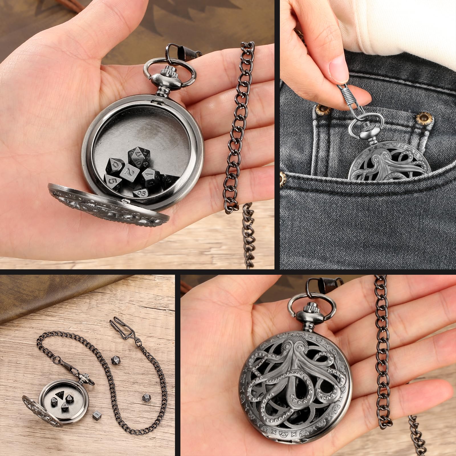Steampunk Octopus Pocket Watch Mini DND Dice Set – 7 Polyhedral Metal Dice in Dark Silver with Gift Box