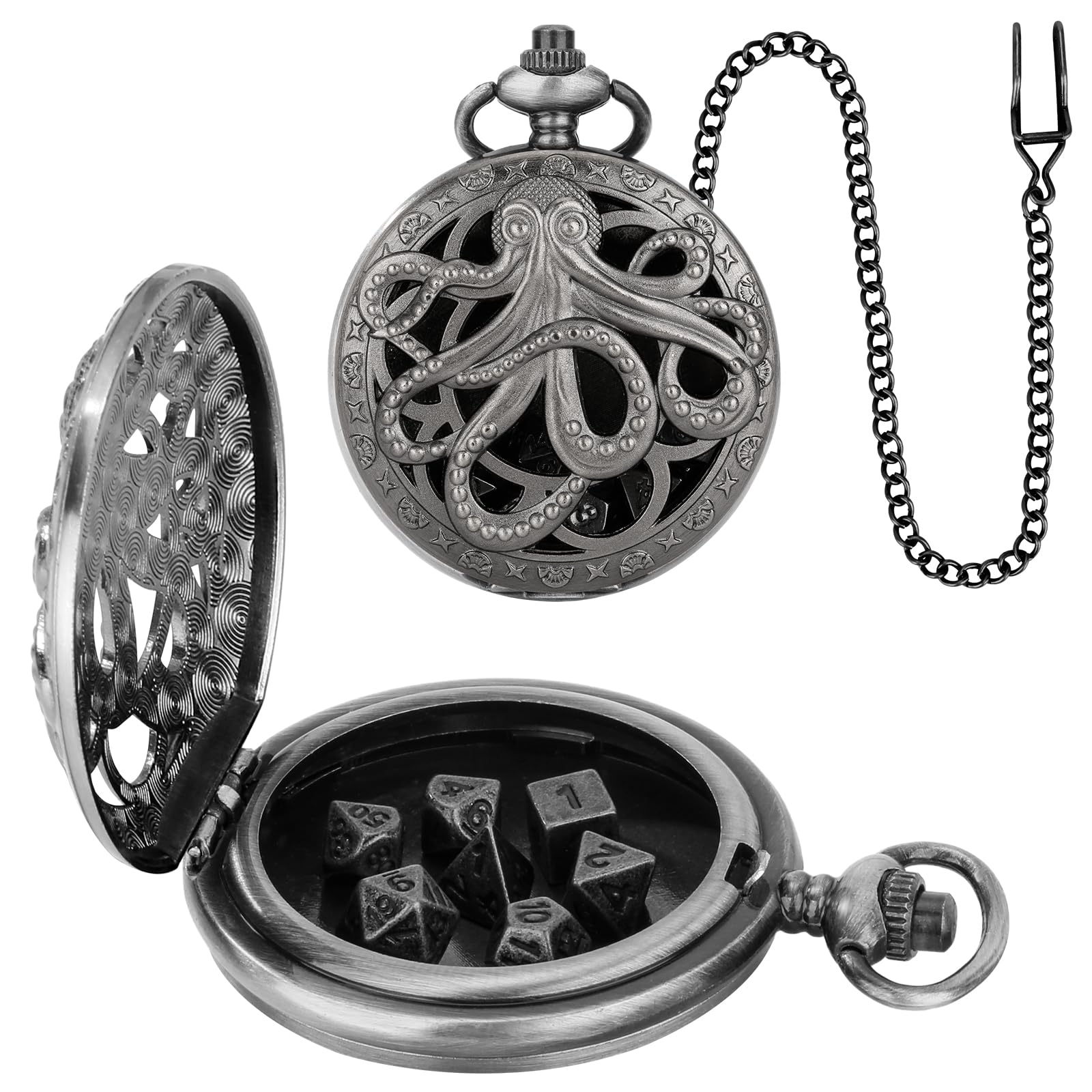 Steampunk Octopus Pocket Watch Mini DND Dice Set – 7 Polyhedral Metal Dice in Dark Silver with Gift Box