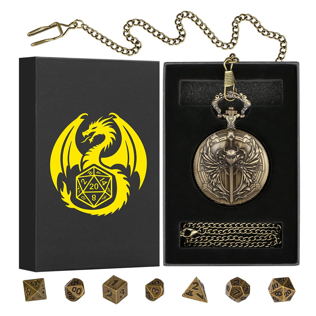 Steampunk Paladin Pocket Watch Dice Set - 7 Mini Metal D&D Dice with Case, DND Starter Gift