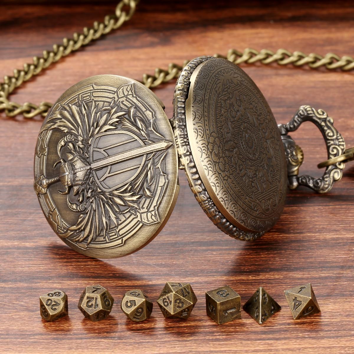 Steampunk Paladin Pocket Watch Dice Set - 7 Mini Metal D&D Dice with Case, DND Starter Gift