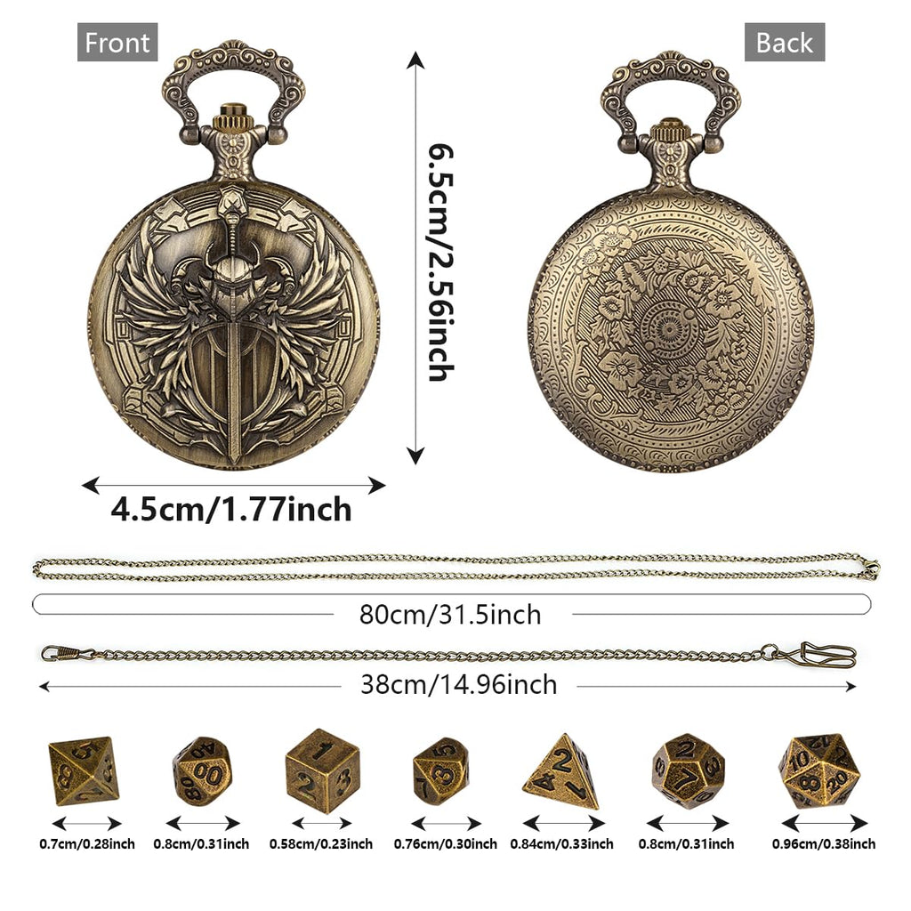 Steampunk Paladin Pocket Watch Dice Set - 7 Mini Metal D&D Dice with Case, DND Starter Gift