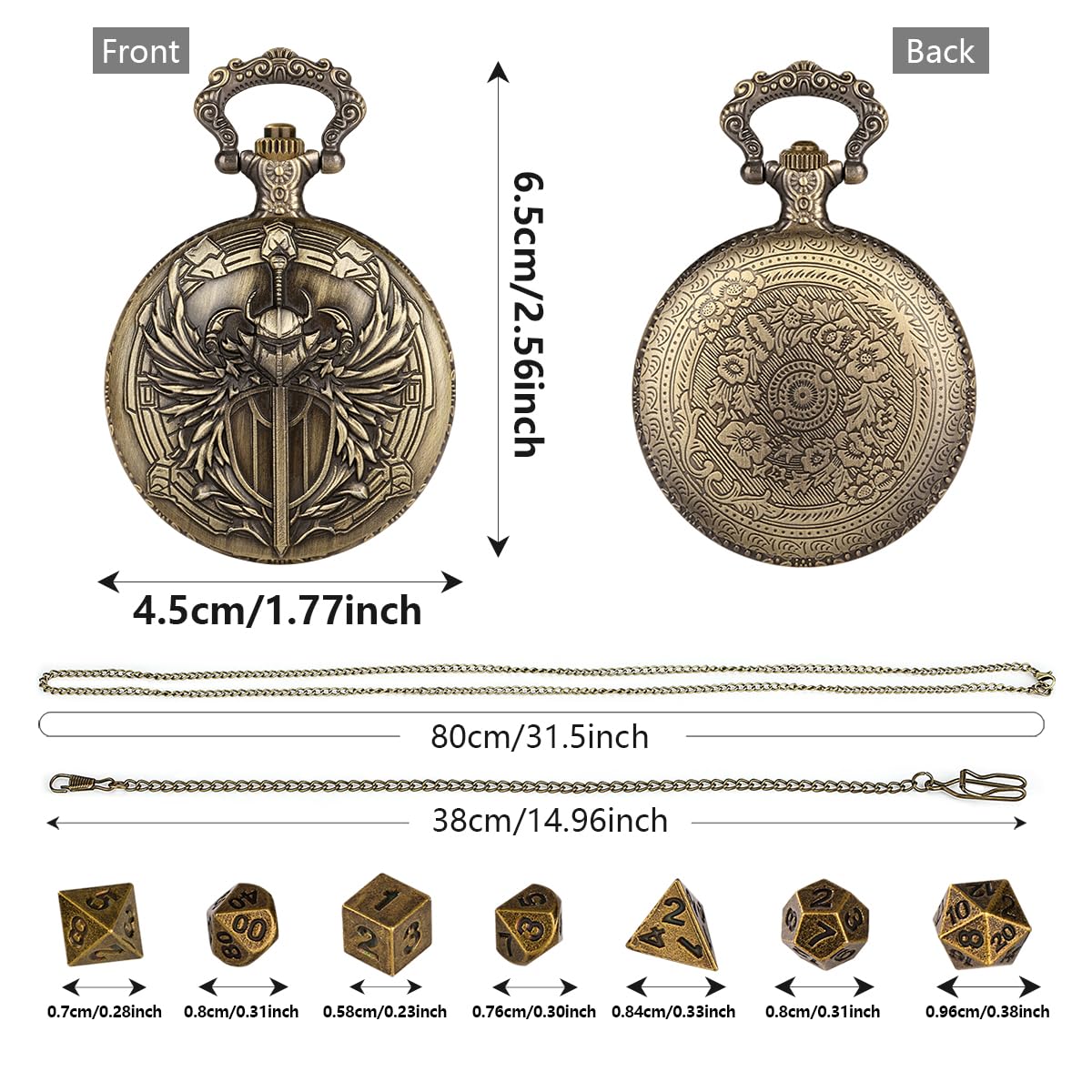 Steampunk Paladin Pocket Watch Dice Set - 7 Mini Metal D&D Dice with Case, DND Starter Gift