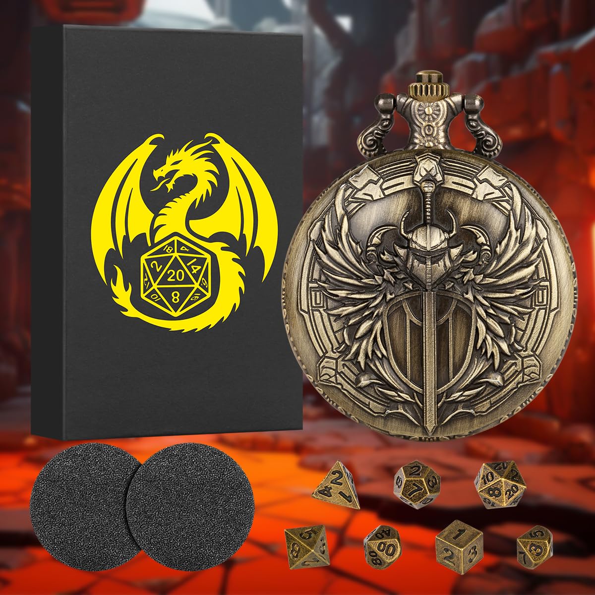 Steampunk Paladin Pocket Watch Dice Set - 7 Mini Metal D&D Dice with Case, DND Starter Gift