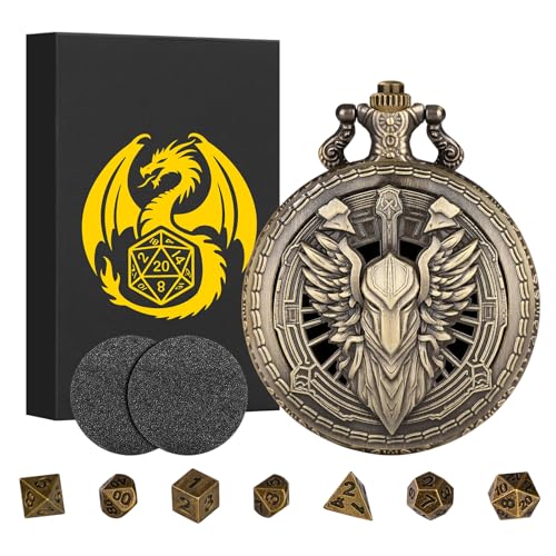 Steampunk Pocket Watch Dice Case - 7 Metal Polyhedral Dice Set with Gift Box, Paladin Knight Design