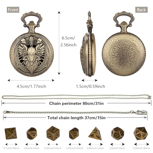 Steampunk Pocket Watch Dice Case - 7 Metal Polyhedral Dice Set with Gift Box, Paladin Knight Design