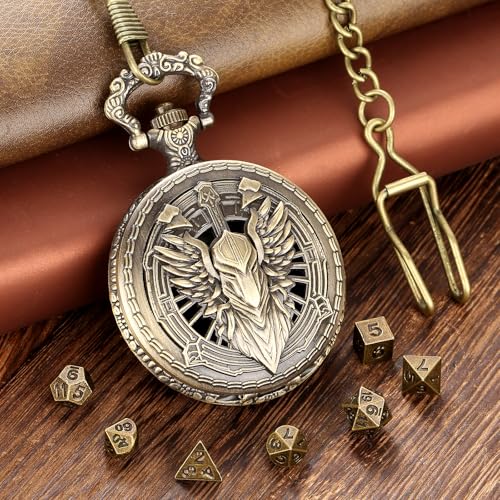 Steampunk Pocket Watch Dice Case - 7 Metal Polyhedral Dice Set with Gift Box, Paladin Knight Design