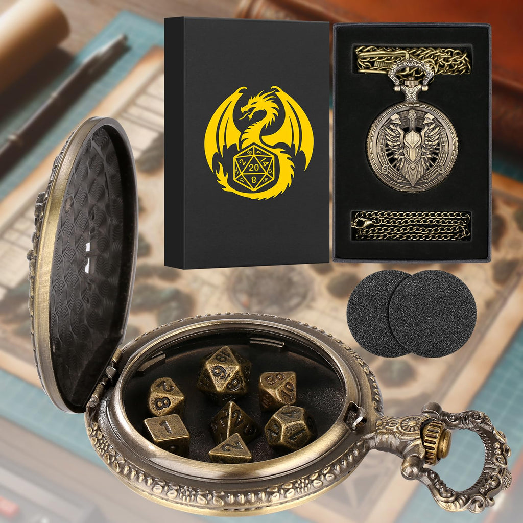 Steampunk Pocket Watch Dice Case - 7 Metal Polyhedral Dice Set with Gift Box, Paladin Knight Design