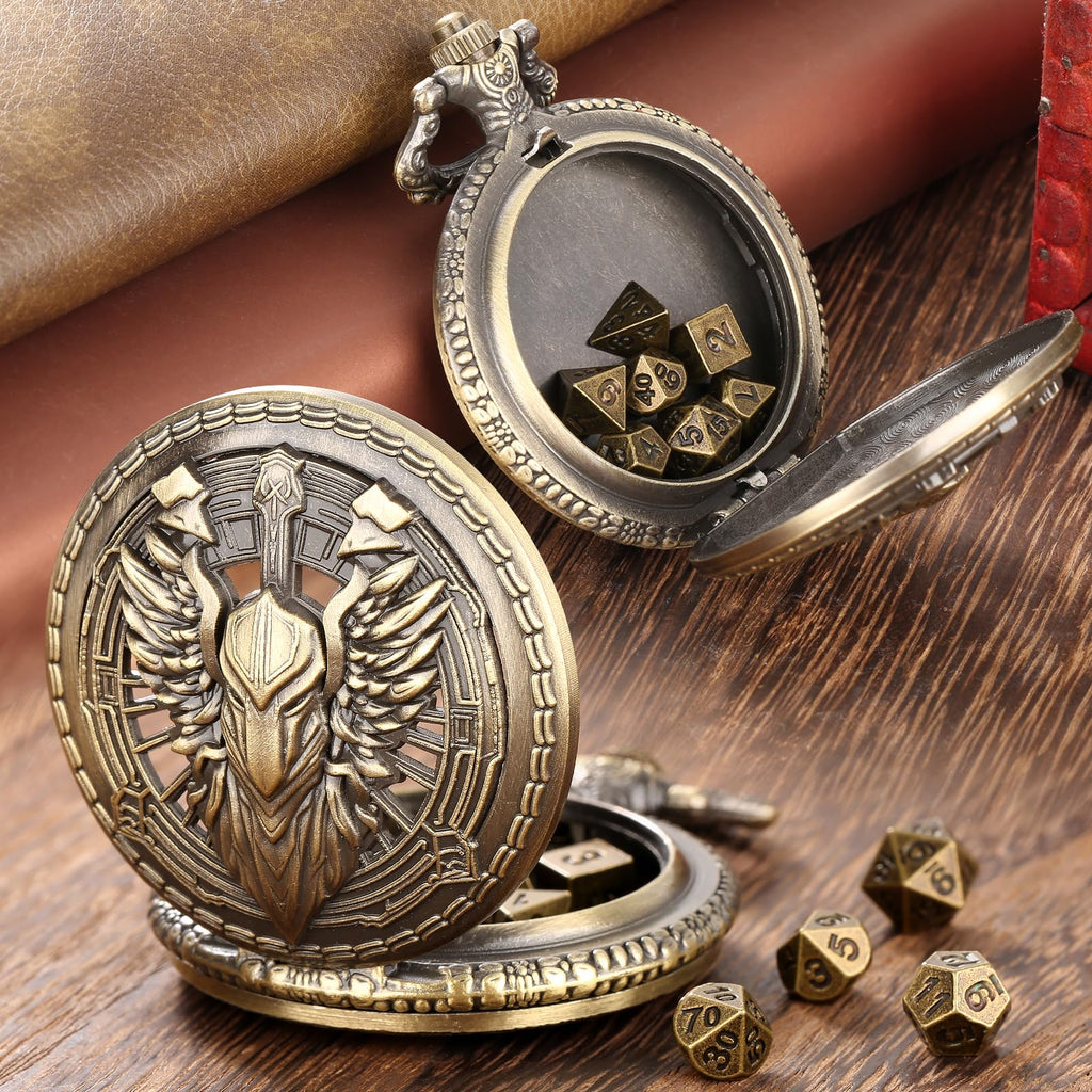 Steampunk Pocket Watch Dice Case - 7 Metal Polyhedral Dice Set with Gift Box, Paladin Knight Design