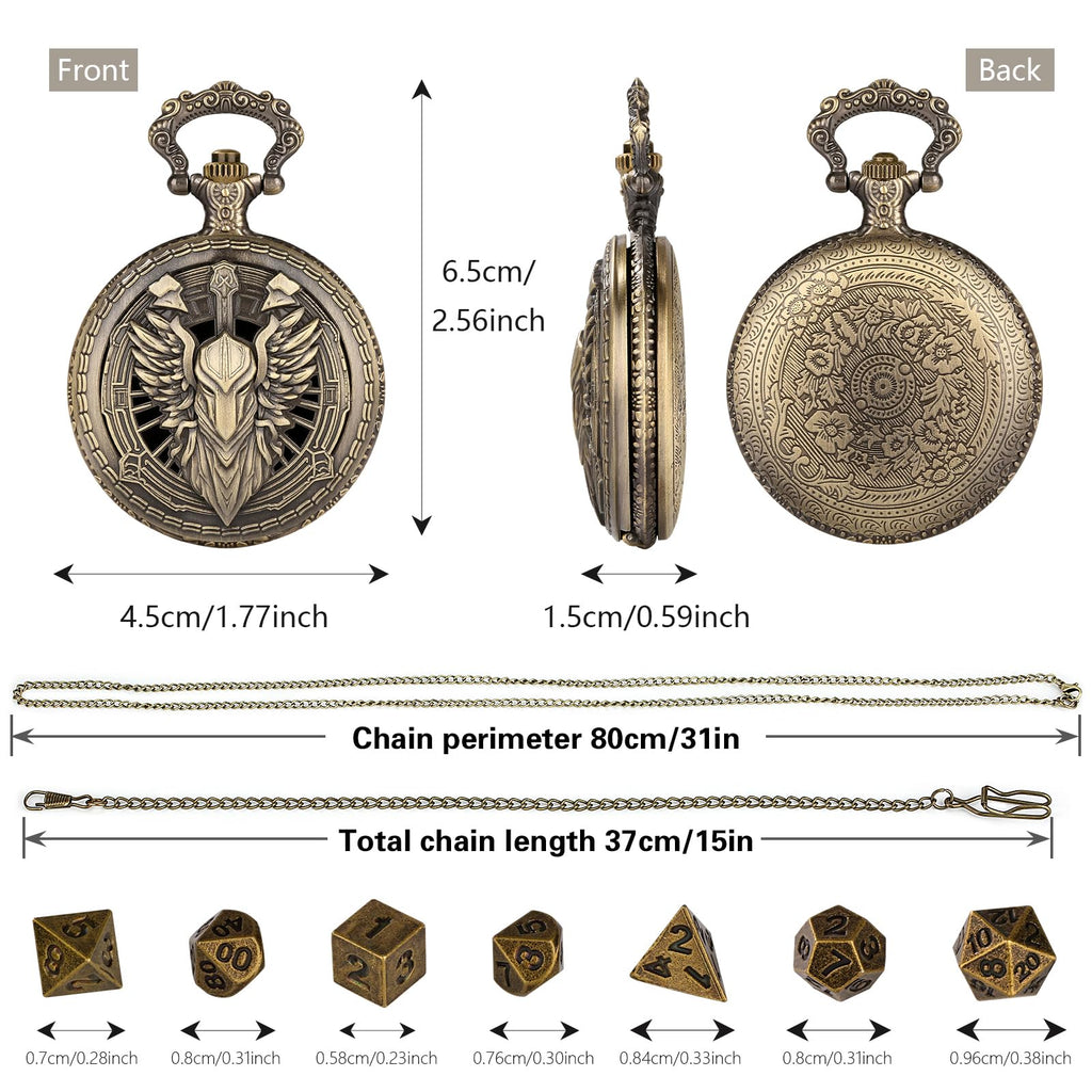 Steampunk Pocket Watch Dice Case - 7 Metal Polyhedral Dice Set with Gift Box, Paladin Knight Design