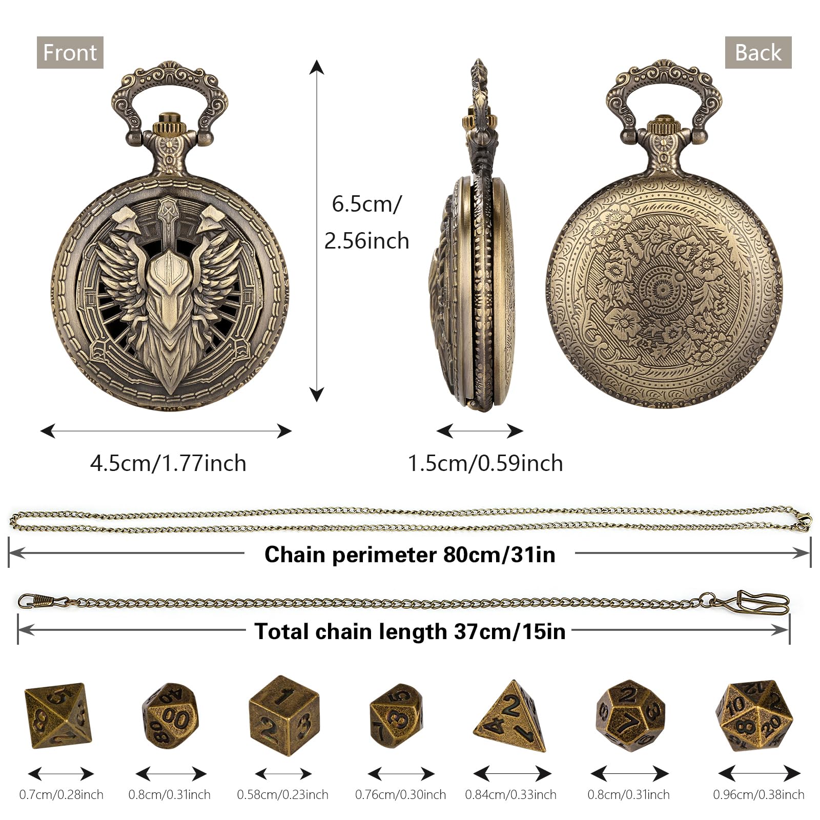 Steampunk Pocket Watch Dice Case - 7 Metal Polyhedral Dice Set with Gift Box, Paladin Knight Design