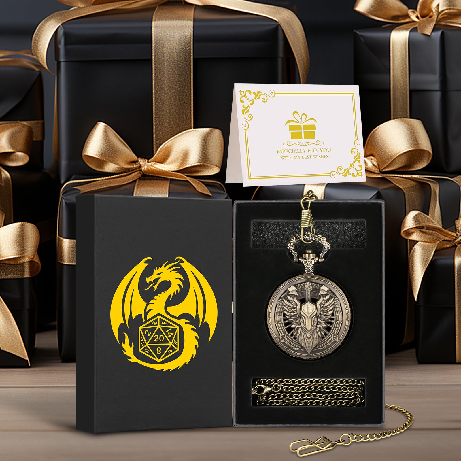 Steampunk Pocket Watch Dice Case - 7 Metal Polyhedral Dice Set with Gift Box, Paladin Knight Design
