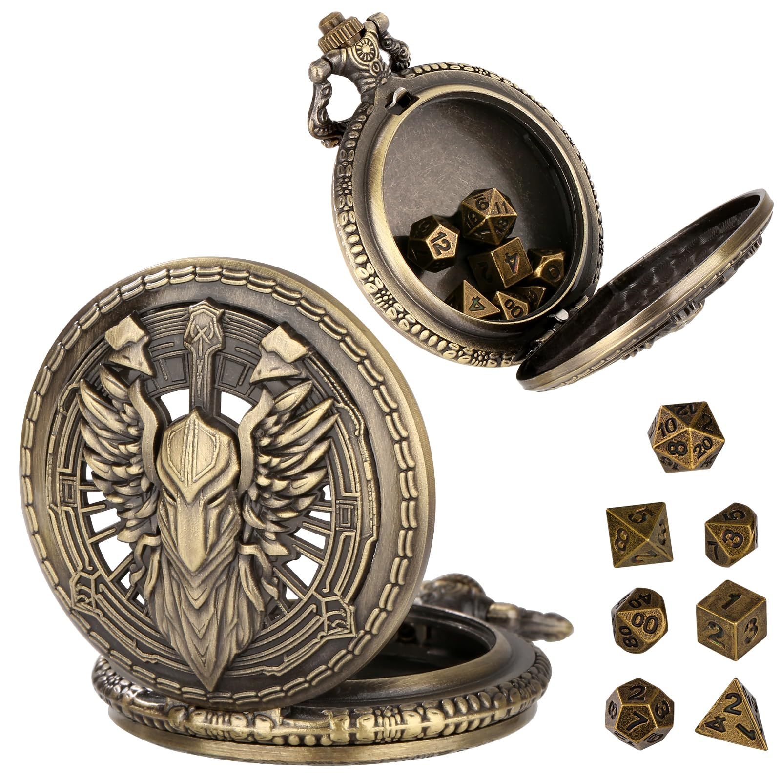 Steampunk Pocket Watch Dice Case - 7 Metal Polyhedral Dice Set with Gift Box, Paladin Knight Design