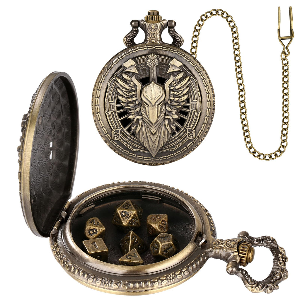 Steampunk Pocket Watch Dice Case - 7 Metal Polyhedral Dice Set with Gift Box, Paladin Knight Design