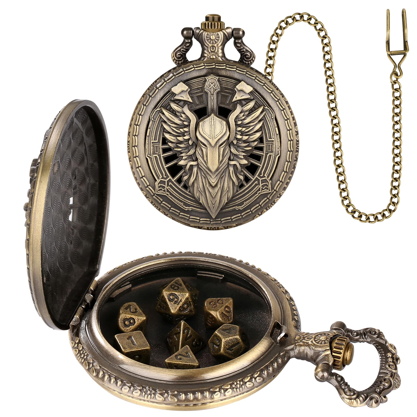 Steampunk Pocket Watch Dice Case - 7 Metal Polyhedral Dice Set with Gift Box, Paladin Knight Design