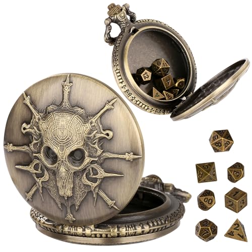 Steampunk Pocket Watch Dice Set - 7-Piece Metal Polyhedral D&D Dice in Bronze with Gift Box by Keller & Weber